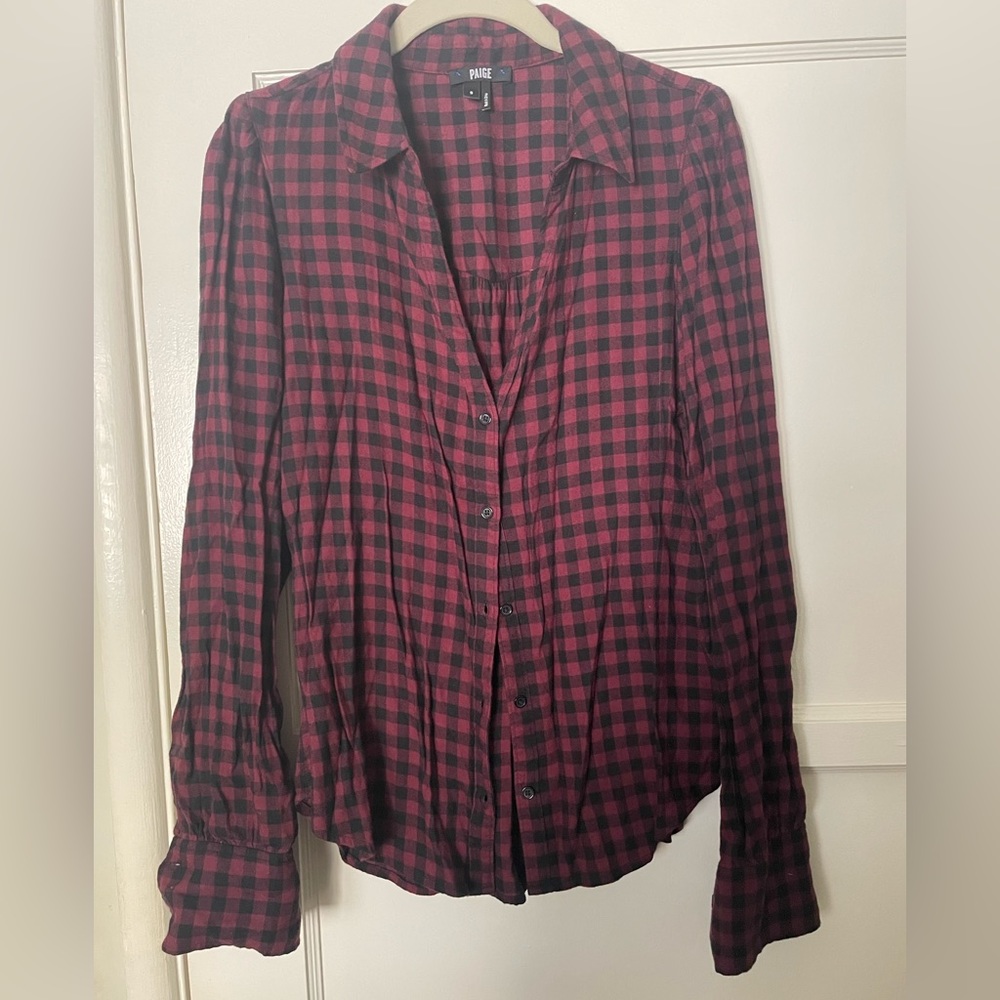 Paige small burgundy check button down shirt